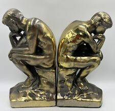 Vintage 1928 Statue THE THINKER Thinking Man Metal Brass Bronze Finish Bookends picture