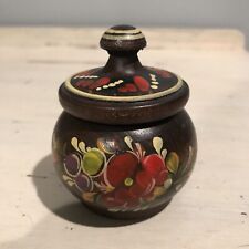 Vintage Hand Carved Wooden Jar With Lid Hand Painted Flowers picture