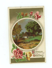Vintage Postcard BIRTHDAY COUNTRY COTTAGE ROSES    GOLD EMBOSSED  POSTED  1911 picture