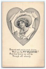 c1910's Valentine Woman In Big Heart Curly Hair Unposted Antique Postcard picture