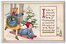 c1920's Christmas Children Sled Whreat Pine Trees Winter Rockville CT Postcard picture