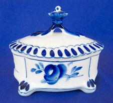 USSR Ghzel Russian Trinket Box Lidded Finial Blue White Porcelain 2 pcs 5x4x5 picture