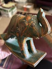 Vintage Hand Carved Green Painted Wood With Brass Rocking Toy Elephant picture
