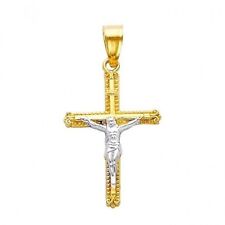 14K Two Tone Gold Jesus Crucifix Charm Religious Cross Pendant Dije de Oro Cruz picture