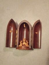 Vintage Anri Italy Miniature Carved Wood Nativity Travel Shrine Hinged Doors picture
