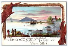 c1905 View Of Lake Rotorua New Zealand, Canoeing Native Hut Antique Postcard picture