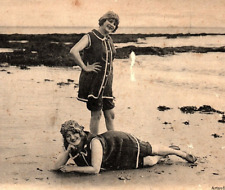 c1910 BATHING BEAUTIES ON THE BEACH OCEAN SIDE EARLY SWIMSUITS POSTCARD P455 picture