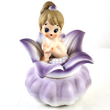 Baby Pixie Fairy on Purple Flower Ceramic Trinket Box Japan VTG Circa 1950s picture