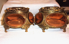 Two Large Vintage Ormolu Filigree Beveled Glass 5-Sided Jewelry Casket Boxes picture