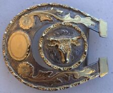 Vintage Alpaca Mexico Horseshoe Rodeo Cowboy Belt Buckle - Silver & Gold Steer picture