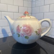 Vtg Gibson Roseland Teapot Round Cabbage Roses Pink Ceramic Tea Pot White Lovely picture