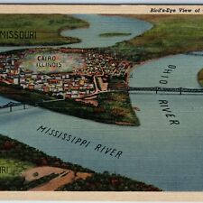 1939 Cairo, ILL Birds Eye Art Map Mississippi River No Flood Linen PC Teich A218 picture