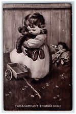 c1910's Two Company Three's None Little Girl Playing Bear Wagon Toy Postcard picture