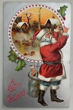 Vintage Christmas postcard Santa Red Coat Robe bag of toys Portrait Winter Scene picture