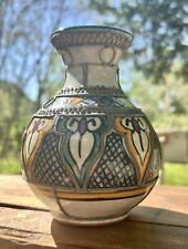 VTG Moroccan Fez Pottery Moorish Polychrome Vase Metal Filigree Overlay 5 3/4