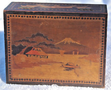OLD WOODEN BOX WITH MARQUETRY AND A LAKE SCENE picture
