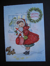 1949 vintage greeting card Gibson CHRISTMAS Girl Shopping w/ Puppy picture