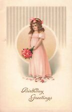 Birthday Greetings Beautiful Girl in Pink Dress Hair Bow c1912 Postcard A223 picture