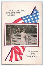 1919 A Couple At Fence American Flag Posted Antique Postcard picture