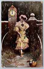 Antique C1914 Lovely Woman At Clock Happy New Year Bonne Annee Postcard P196 picture