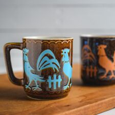 Pair Vintage 70's Rooster Mugs Turquoise and Orange Ceramic Mug Brown Ware picture
