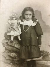 1900s antique CDV small clear photo darling little Swedish girl holding her DOLL picture