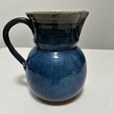 Pottery Pitcher Hand Thrown Blue Glazed Antique Artist Signed 86 Dolly Pomerleau picture