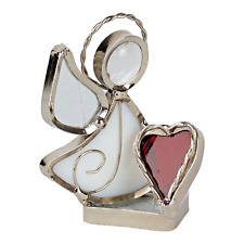 Mini Free Standing Stained Glass Angel Figurine Clear Head & Wings & Red Heart picture
