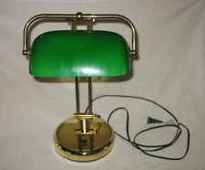 VINTAGE BANKER'S AUDITORS LAMP GREEN SHADE WITH BRASS BASE TESTED WORKS 16 1/2
