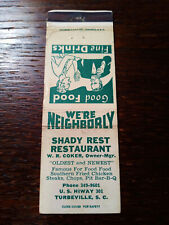 Vintage Matchcover: Shady Rest Restaurant, Turbeville, SC   53 picture