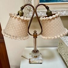 Unique Sweet Double-Arm Boudoir Lamp~Filigree Brass, Marble, Pom Pom Shades picture