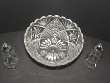 DECORATIVE 3 FOOT CLEAR GLASS BOWL SCALLOPED EDGES AND SALT & PEPPER SHAKERS picture