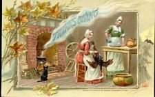 Antique Tuck Postcard Thanksgiving Women Cooking Fireplace Kettle Black Cat picture