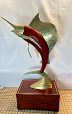 Vintage Mid Century Cooper Style MCM Lg Brass & Wood Sail Fish Sculpture W Stand picture