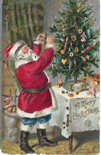 Antique Christmas Postcard Santa Red Coat Decorates Victorian Candle Tree Mica picture
