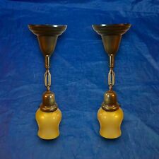 Wired Pair Brass Pendant Lights Fixtures Rare Honey Glass Shades 31G picture