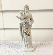 VTG St Joseph W Baby Jesus Statue Touch Of Rose Shabby Chic White W Pink Roses picture