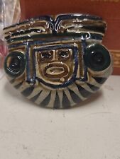 Vintage Tonala Mexican Pottery Pendant Necklace Blue & Green Aztec Face Signed  picture