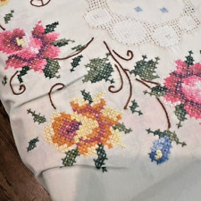 Vintage Hand Cross Stitch Crochet Insert Pink Yellow Roses 60