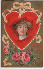 ANTIQUE EMBOSSED VALENTINE Postcard      YOUNG LADY LOOKING THROUGH HEART, ROSES picture