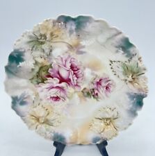Antique RS PRUSSIA Floral Molded Pink Blue Roses Gilt Edge 7.5” Decorative Plate picture