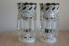 1930s pair bohemian white overlay cut to green glass mantel luster lamp w prisms picture