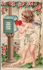 1910s VALENTINE'S DAY Embossed Postcard Angel Girl / Cupid with Heart / Mail Box picture