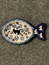 Polish Pottery Ceramic Cat Tea Bag Holder Blue Footprint Handmade Poland picture