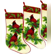 2 Cardinal Christmas Stockings Wool Needlepoint Red Velvet Back Fully Lined 17” picture