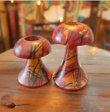 Set Of 2 Vintage Wooden Mushroom Candleholders Hand-Painted H: 6” & 4.5” picture