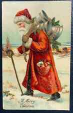 Long Red Robe ~Santa Claus in Snow with Bells~Antique~Christmas Postcard~k450 picture