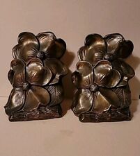 Vintage Metal BOOKENDS Bronzed Brass Colored Finish MAGNOLIA FLOWERS Heavyweight picture