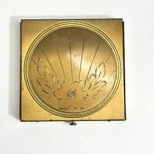 Vintage Gold Tone Makeup Powder Compact w/ Mirror & Puff Square Etched Floral 3” picture