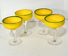 Margarita Glasses Handblown Lemon Yellow Green Rim Art Glass 8 oz. 4 Piece Set picture